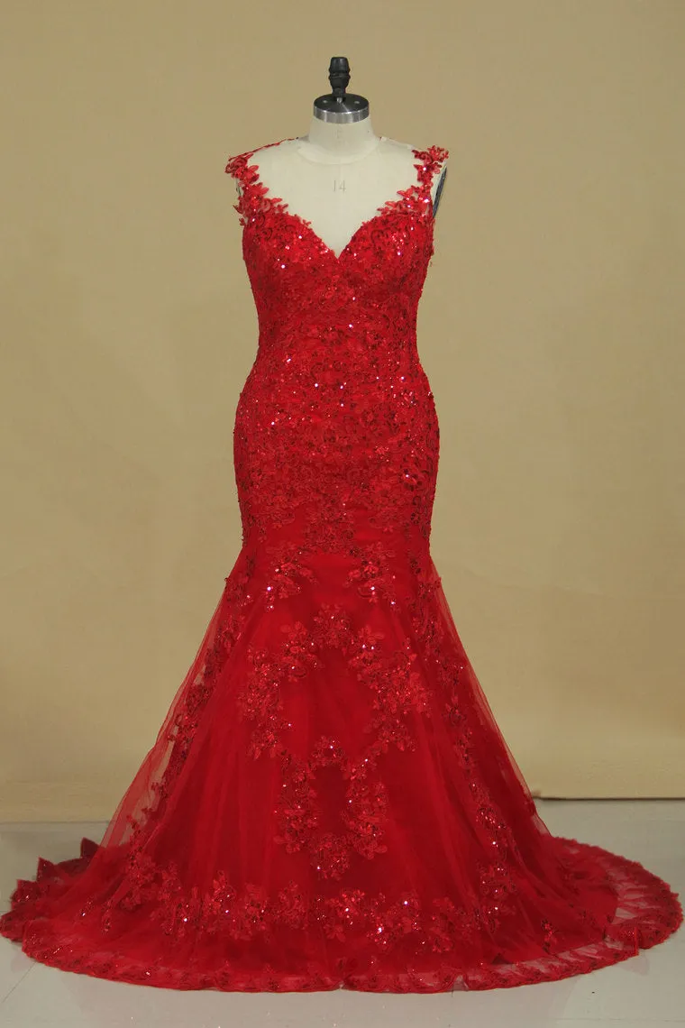 2024 Prom Dresses Mermaid Straps Tulle With Applique Sweep Train