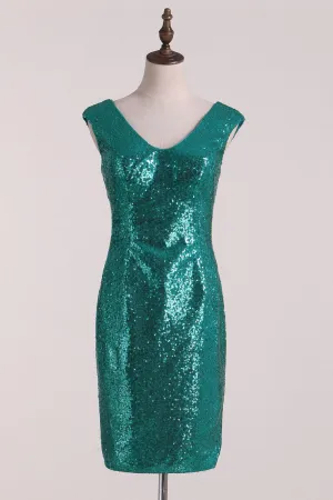 2024 Sheath Bridesmaid Dresses V Neck Sequins Floor Length Detachable