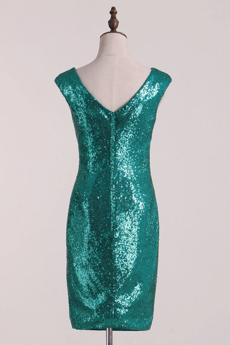 2024 Sheath Bridesmaid Dresses V Neck Sequins Floor Length Detachable