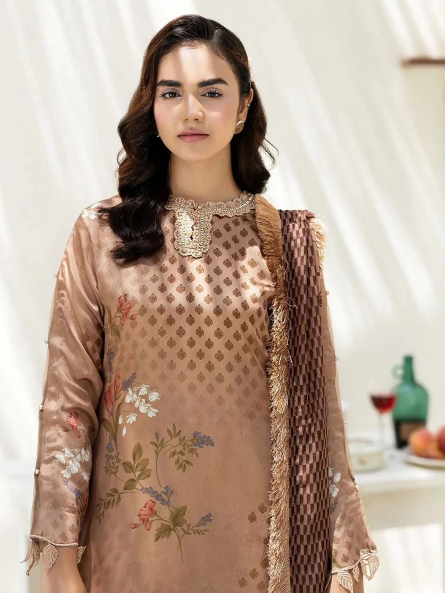 Ally's Brown Shamoz Silk Embroidered 3-Piece Suit (DGP-236)