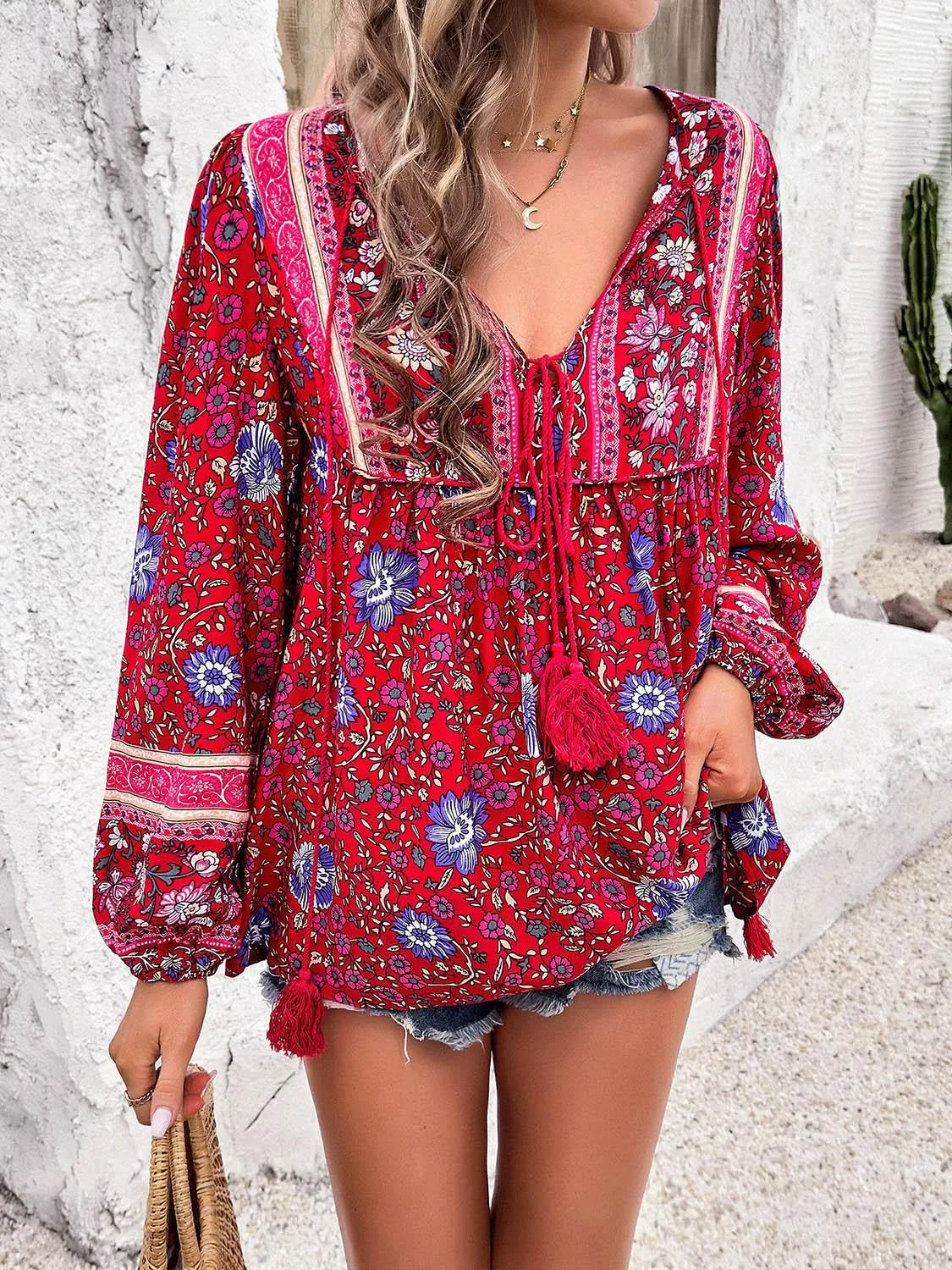 Boho Blooms Tassel Tie Floral Long Sleeve Blouse