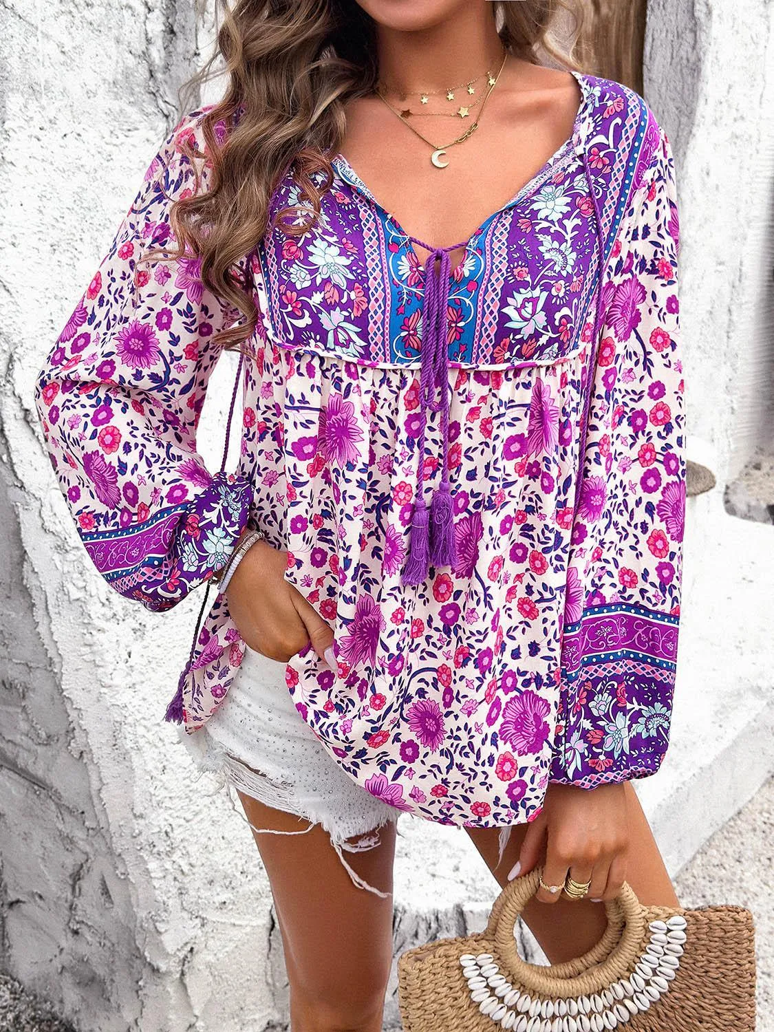 Boho Blooms Tassel Tie Floral Long Sleeve Blouse