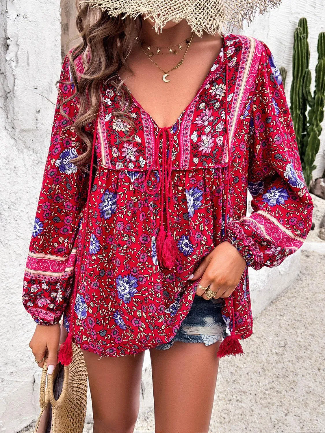 Boho Blooms Tassel Tie Floral Long Sleeve Blouse