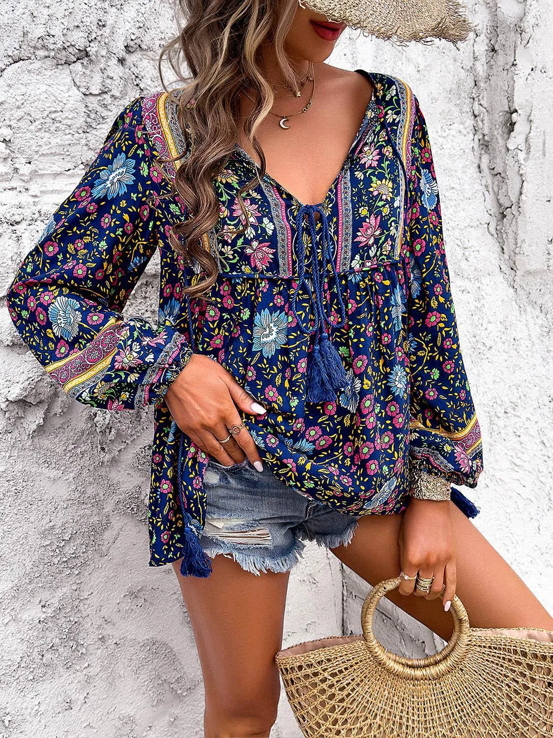 Boho Blooms Tassel Tie Floral Long Sleeve Blouse