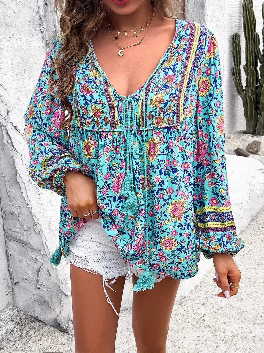 Boho Blooms Tassel Tie Floral Long Sleeve Blouse