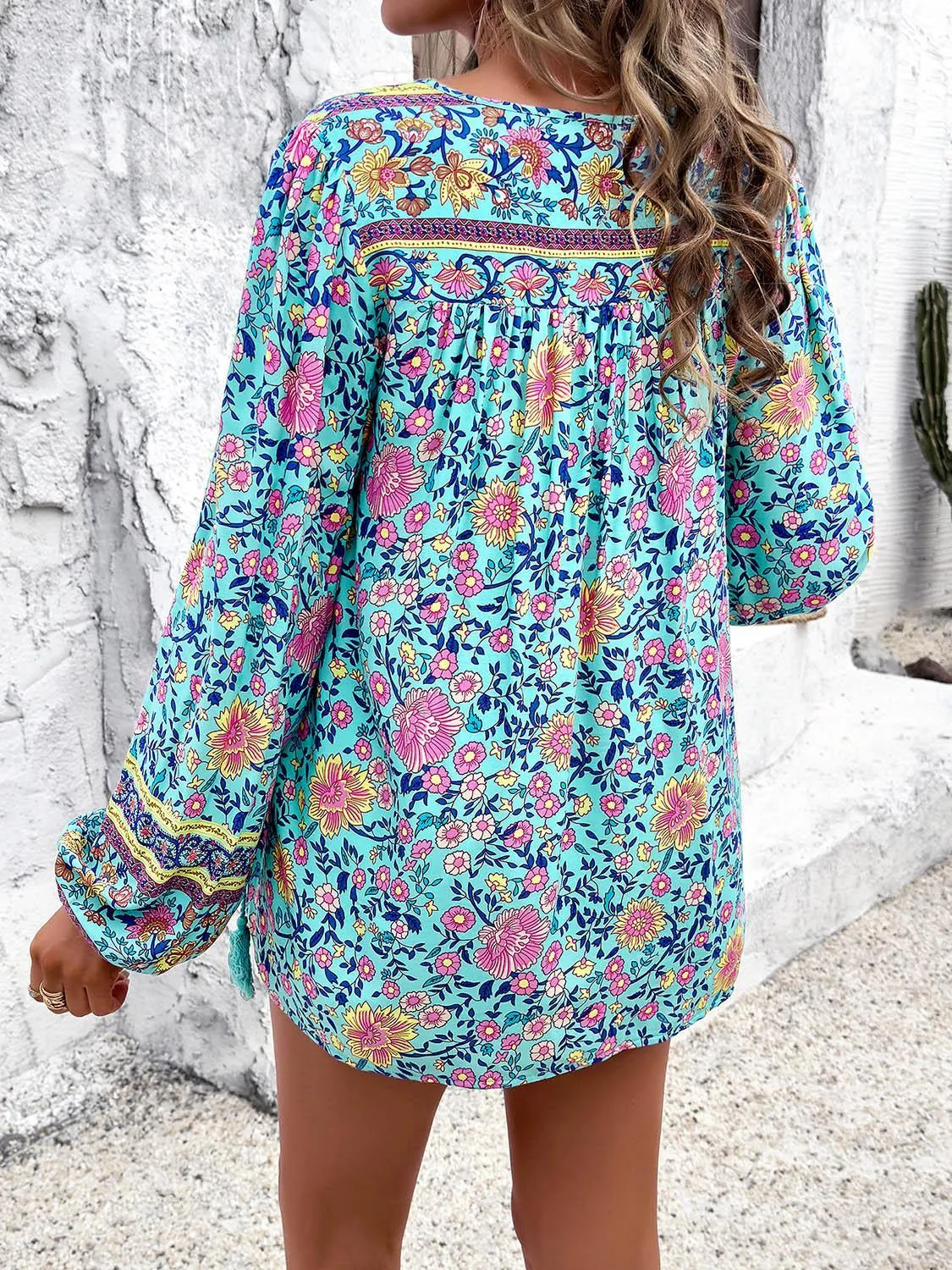 Boho Blooms Tassel Tie Floral Long Sleeve Blouse