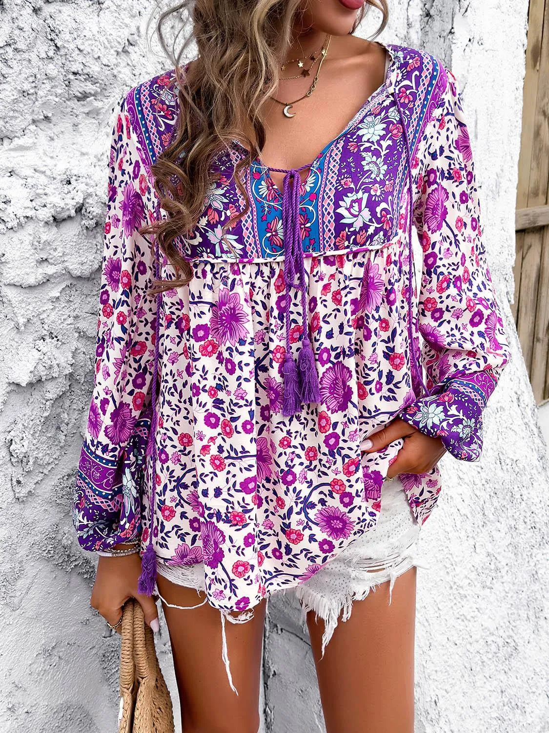 Boho Blooms Tassel Tie Floral Long Sleeve Blouse
