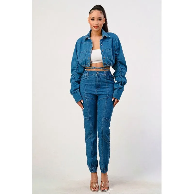 CASUAL CROPPED LONG SLEEVE DENIM JACKET