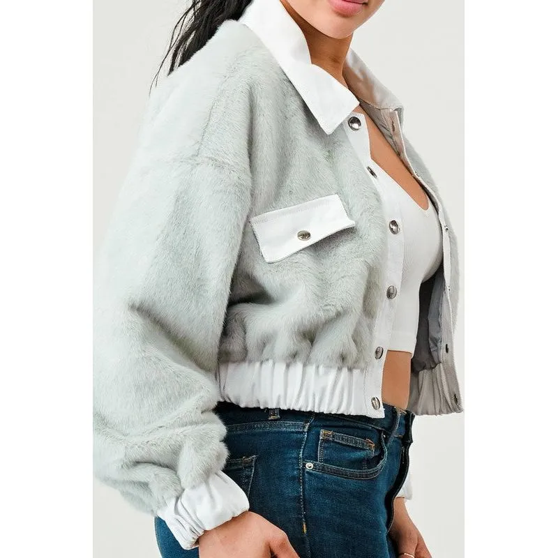 CASUAL DENIM CONTRAST FUR CROP JACKET