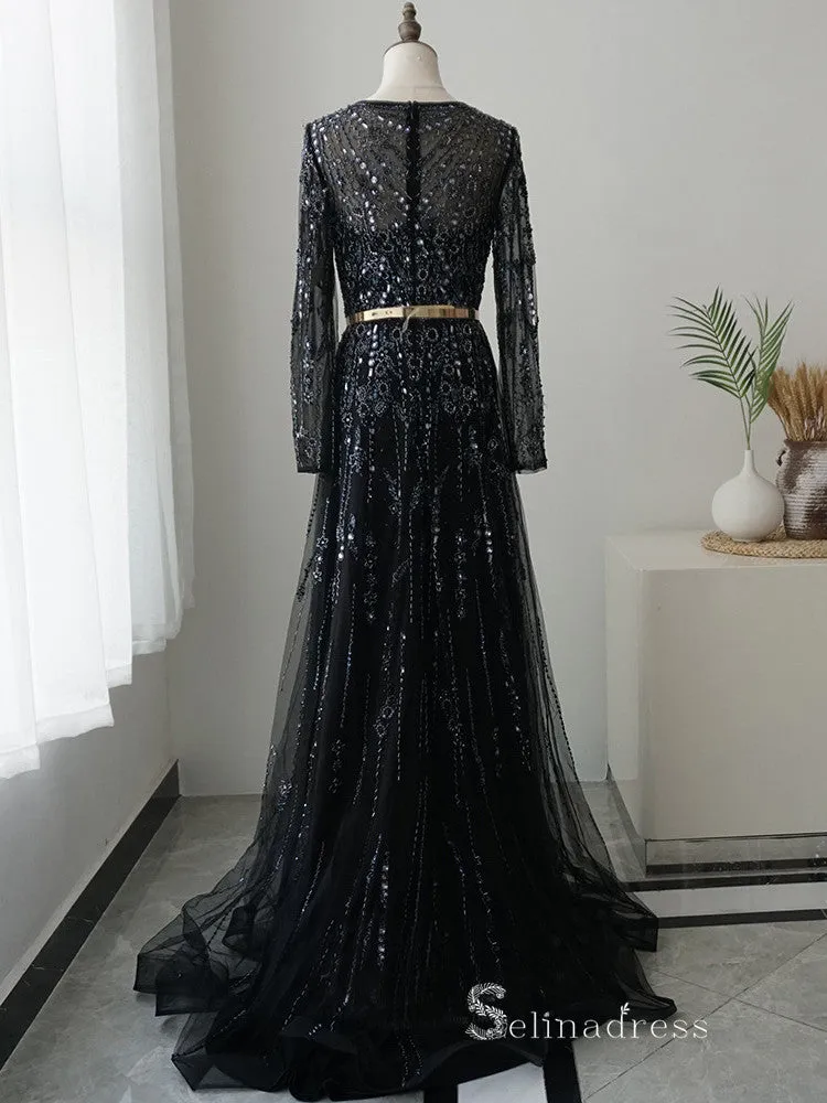 Chic A-line Long Sleeve luxury Black Long Prom Dress Beaded Evening Gowns MLH0464