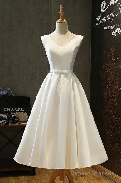 Chic Lace Up Tea Length Vintage Satin Ivory Wedding Dress