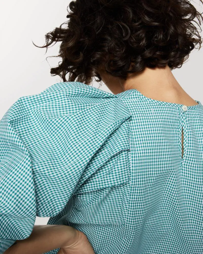Cotton Puff Sleeve Top Green Check