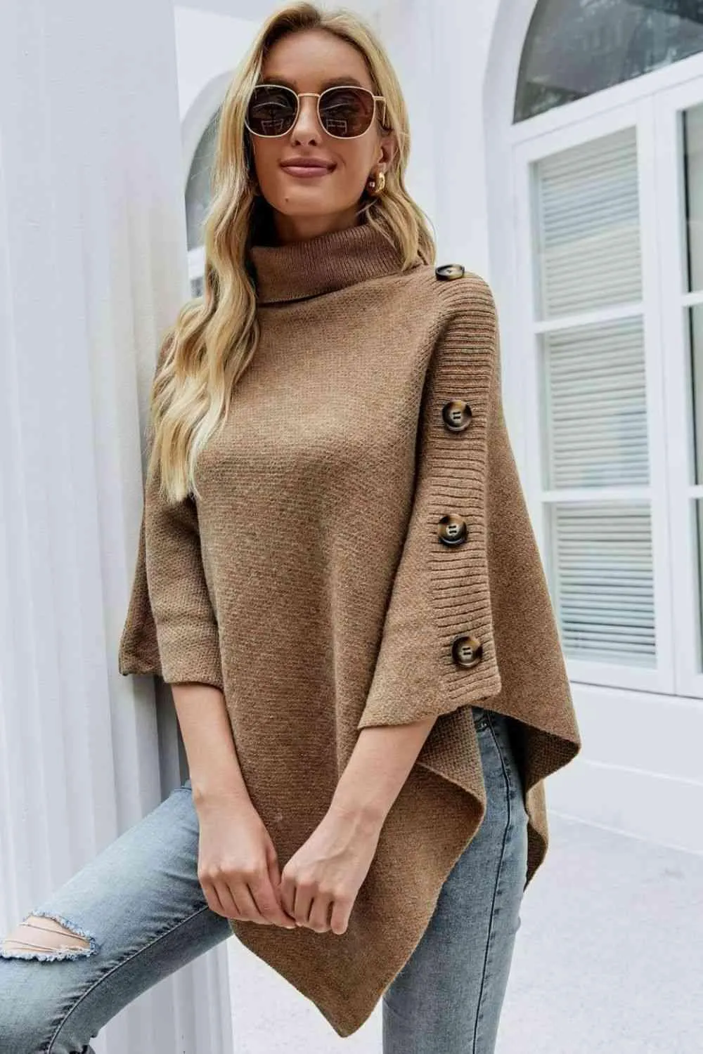 Cozy Fashionista Buttoned Turtle Neck Poncho
