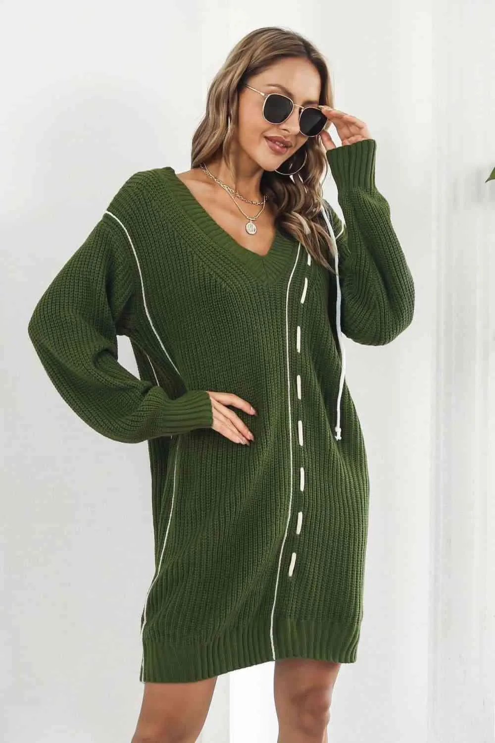 Cozy On The Go V Neck Long Sleeve Sweater Dress