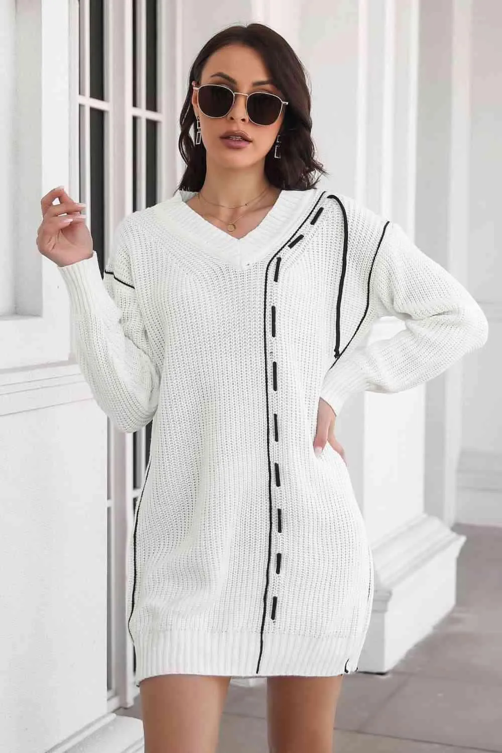 Cozy On The Go V Neck Long Sleeve Sweater Dress