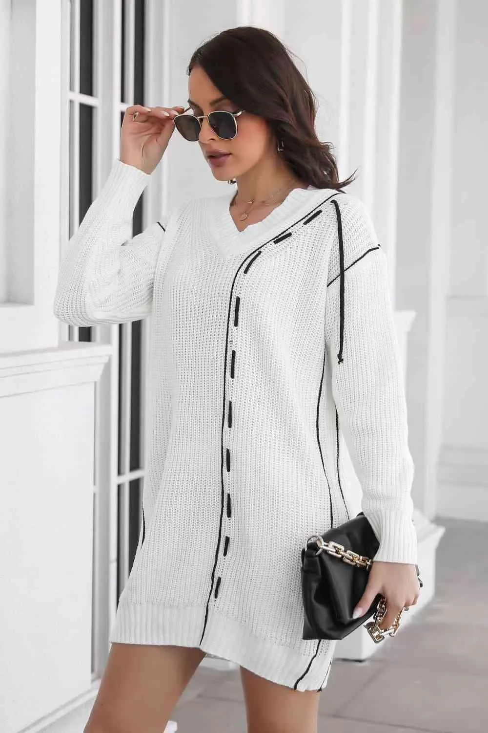Cozy On The Go V Neck Long Sleeve Sweater Dress