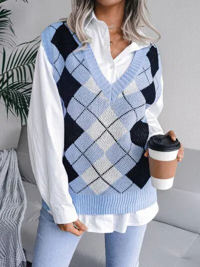 Cozy Pair V Neck Argyle Sweater Vest