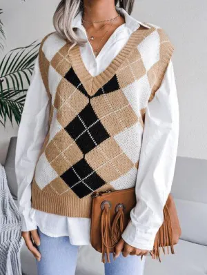 Cozy Pair V Neck Argyle Sweater Vest