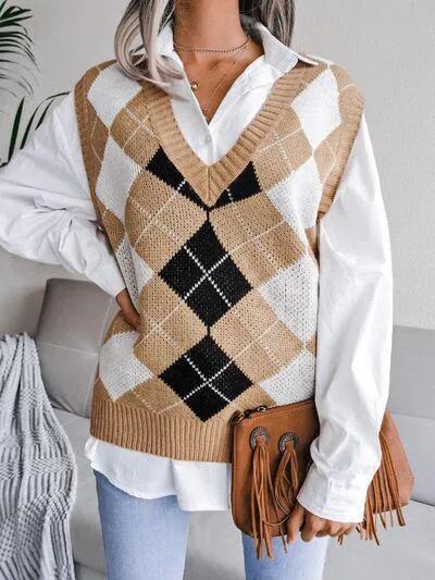 Cozy Pair V Neck Argyle Sweater Vest