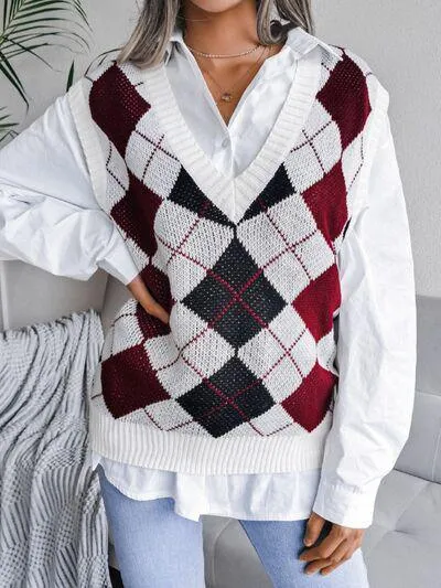 Cozy Pair V Neck Argyle Sweater Vest