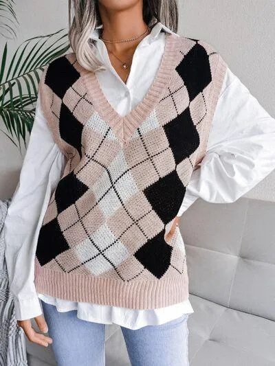 Cozy Pair V Neck Argyle Sweater Vest