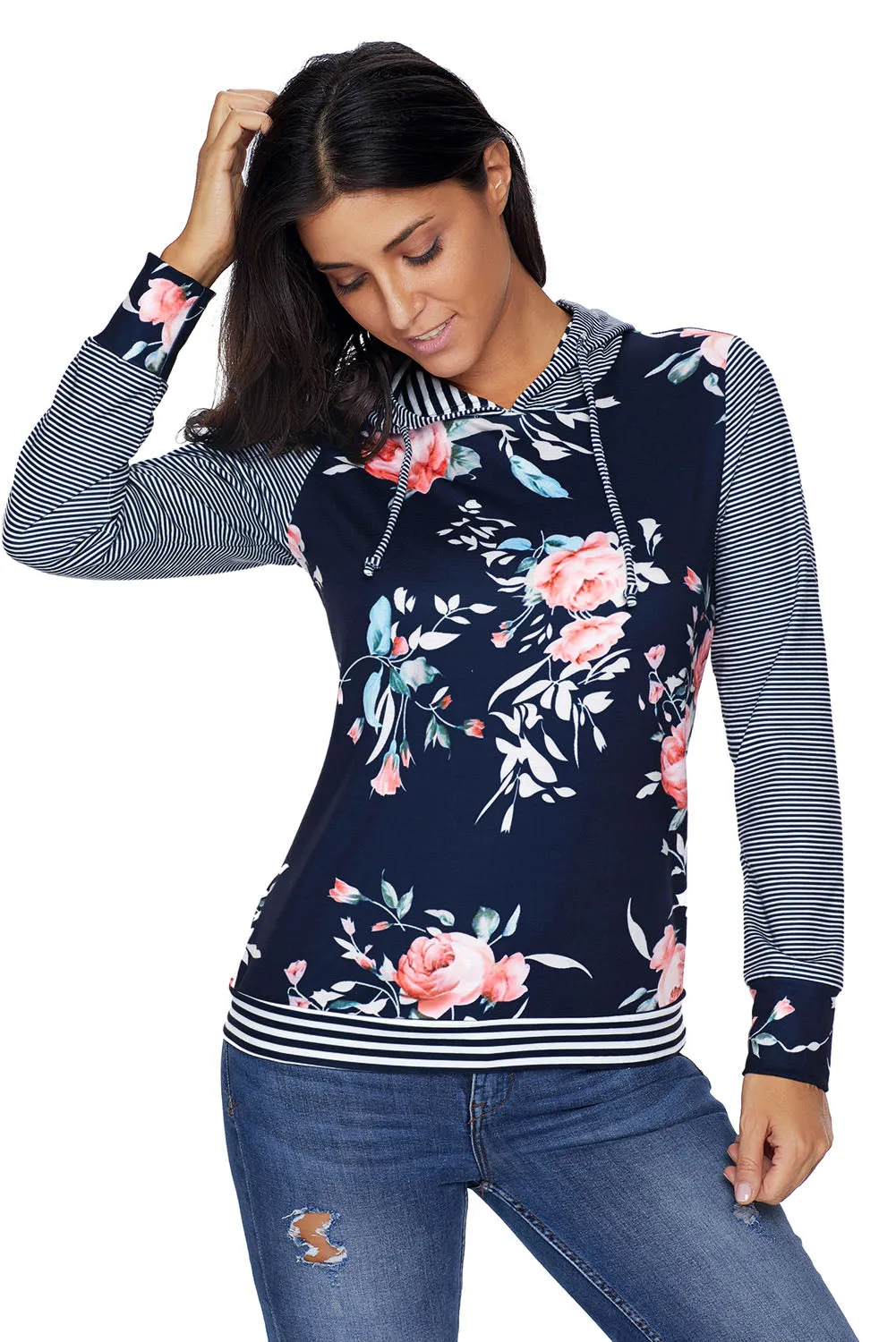 Dark Blue Pinstripe Accent Floral Print Drawstring Hoodie