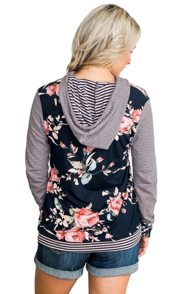 Dark Blue Pinstripe Accent Floral Print Drawstring Hoodie