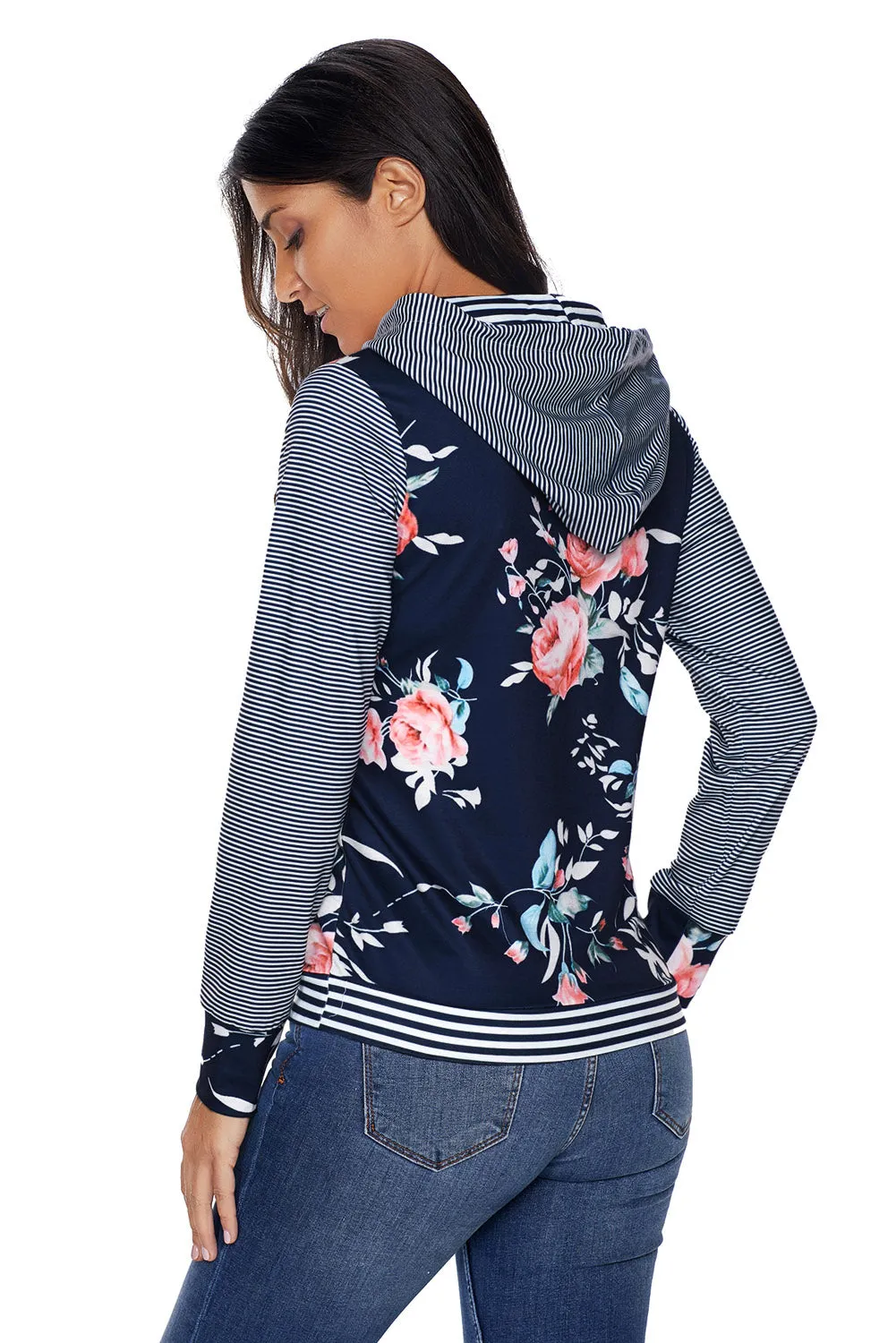 Dark Blue Pinstripe Accent Floral Print Drawstring Hoodie