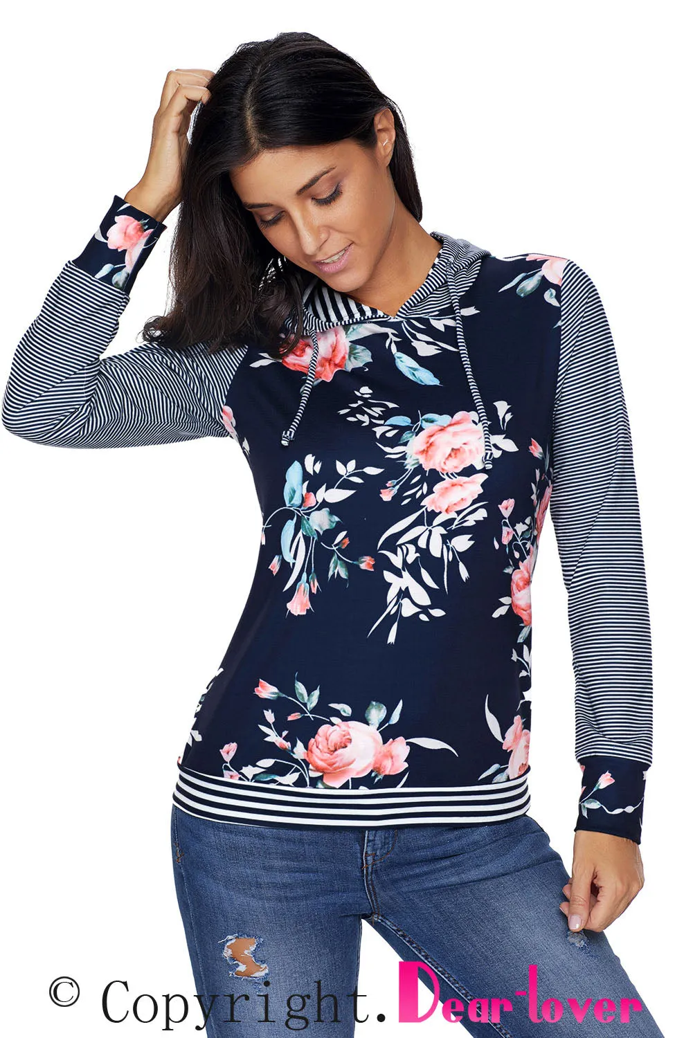 Dark Blue Pinstripe Accent Floral Print Drawstring Hoodie