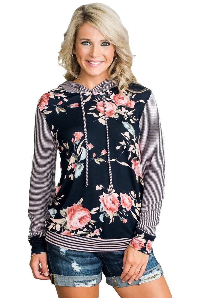 Dark Blue Pinstripe Accent Floral Print Drawstring Hoodie