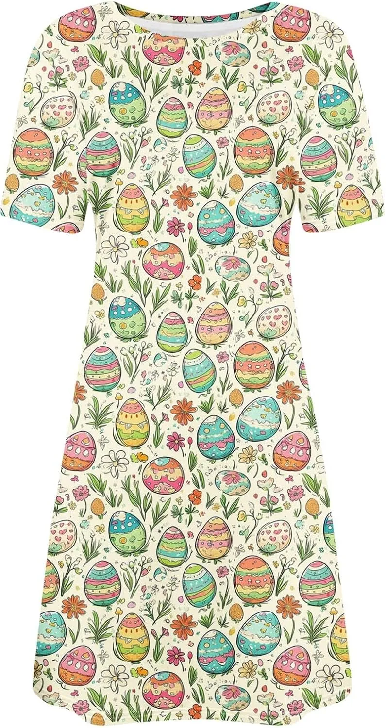 Easter Midi Dresses for Womens Short Sleeves Round-Neck Plus Size Loose Comfy Shirt Dress Summer Beach Sundress