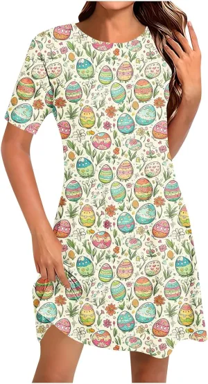 Easter Midi Dresses for Womens Short Sleeves Round-Neck Plus Size Loose Comfy Shirt Dress Summer Beach Sundress