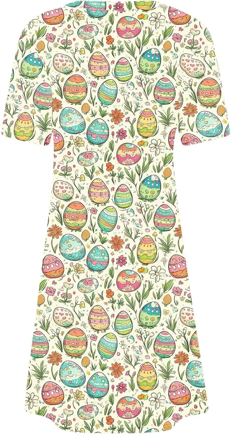 Easter Midi Dresses for Womens Short Sleeves Round-Neck Plus Size Loose Comfy Shirt Dress Summer Beach Sundress