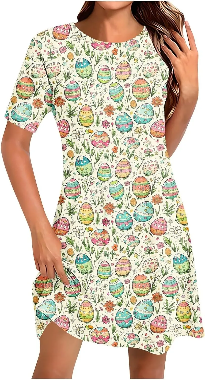 Easter Midi Dresses for Womens Short Sleeves Round-Neck Plus Size Loose Comfy Shirt Dress Summer Beach Sundress