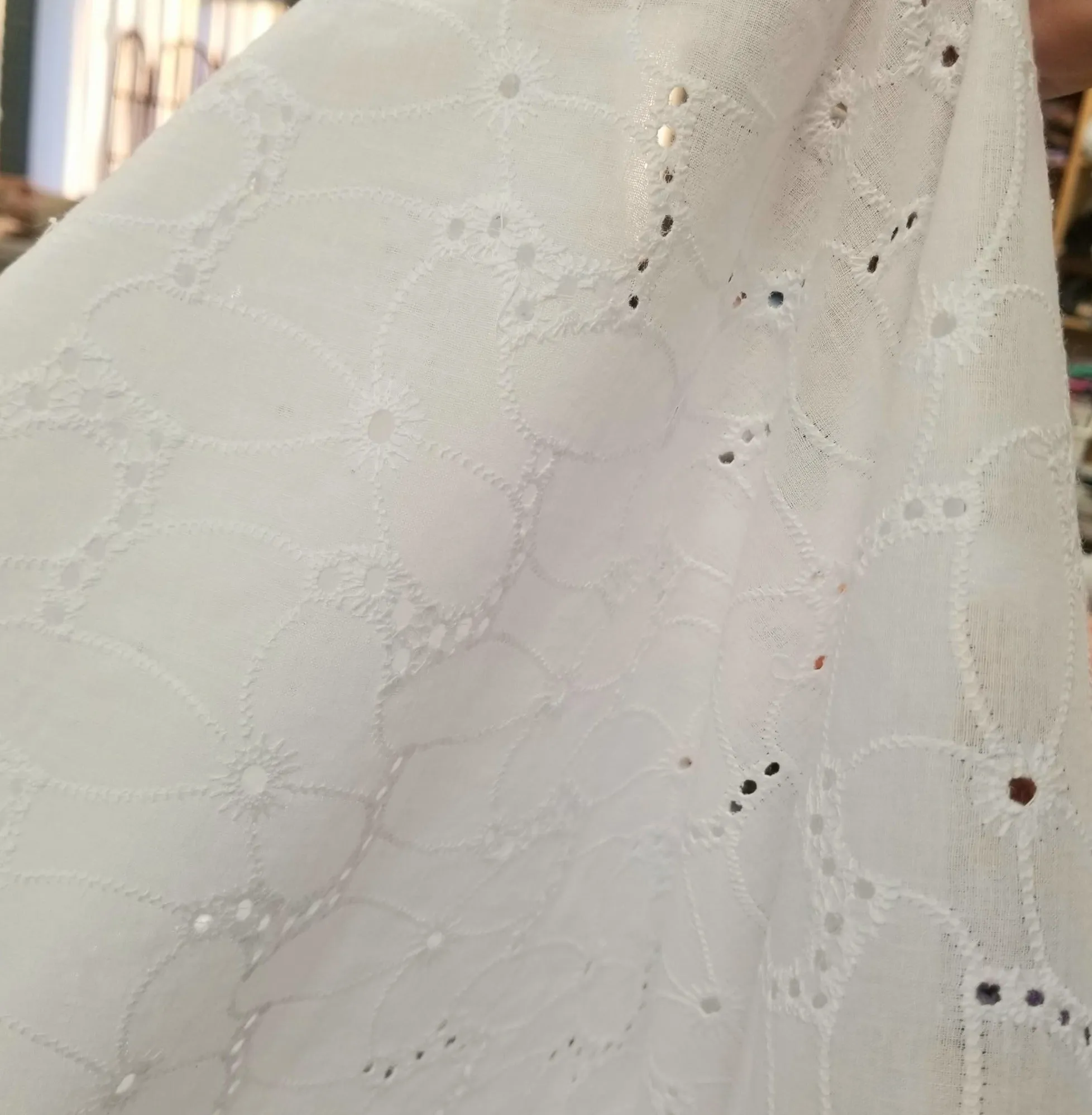 End of Bolt: 1 yard of Designer Deadstock White Cotton Romantic Florals Eyelet Woven- remnant