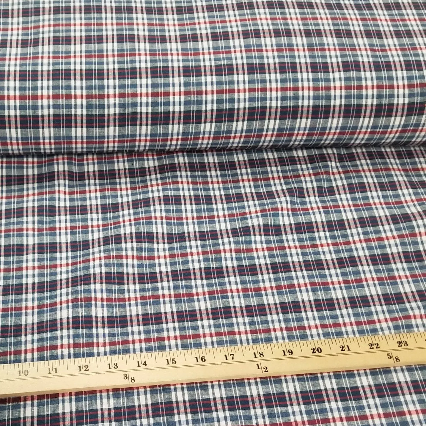 End of Bolt: 2-1/4th yards of Irish 100% Pure Linen Blue and Red Plaid  Spence Bryson Linen Woven 197 GSM-remnant