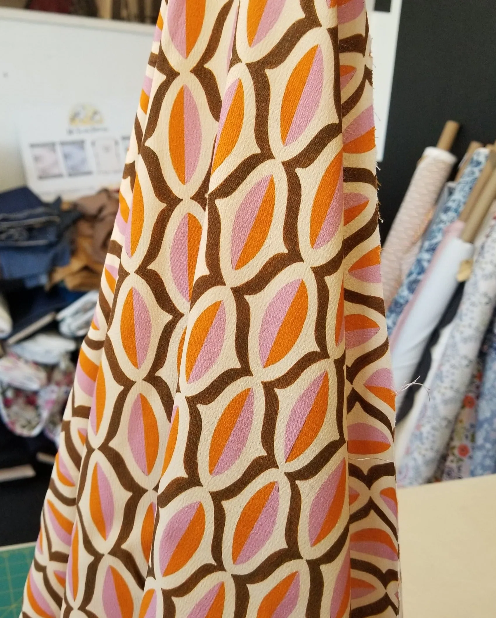 End of bolt: 3 yards of Designer Deadstock Italian Retro Orange and Pink Rayon Crepe Woven- remnant