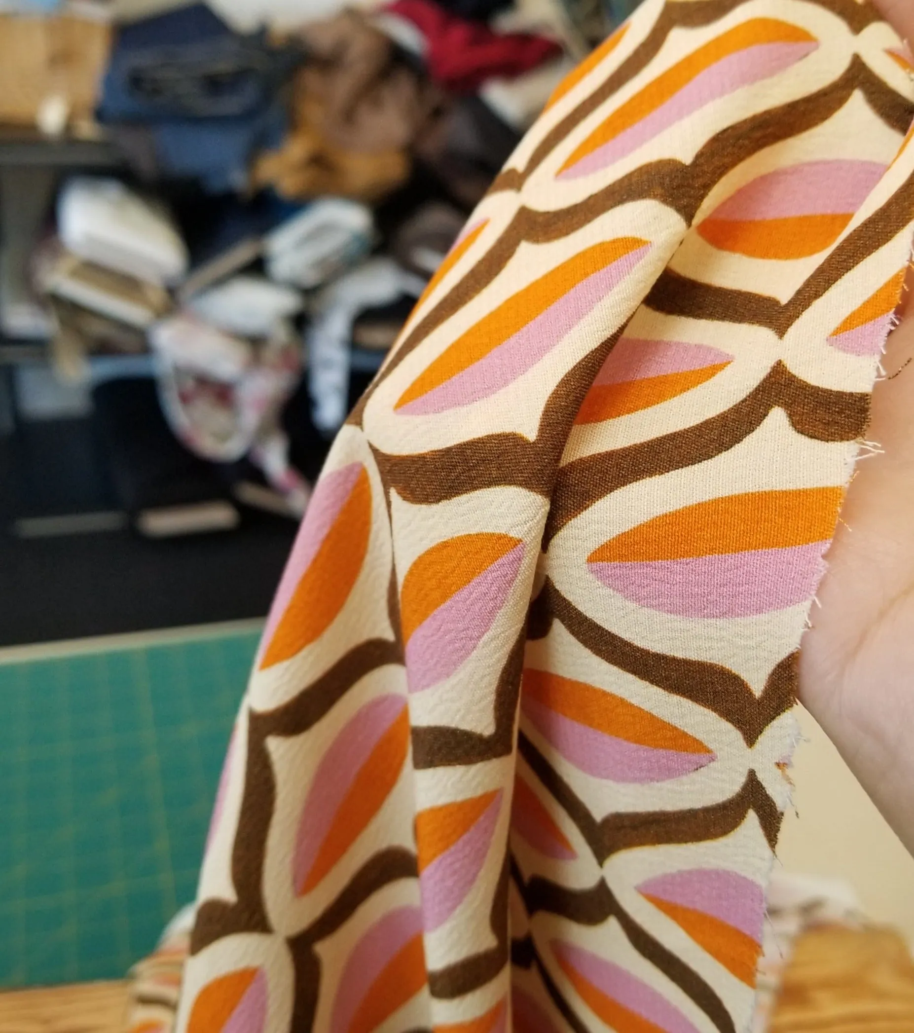 End of bolt: 3 yards of Designer Deadstock Italian Retro Orange and Pink Rayon Crepe Woven- remnant