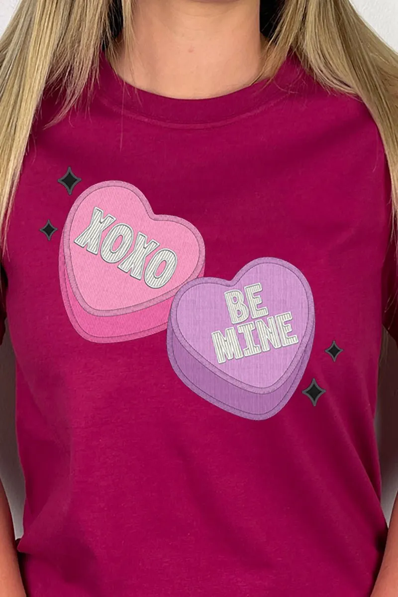 Faux Embroidery Candy Hearts Transfer Short Sleeve Relaxed Fit T-Shirt