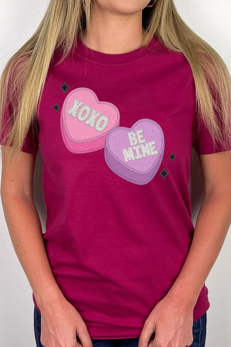 Faux Embroidery Candy Hearts Transfer Short Sleeve Relaxed Fit T-Shirt