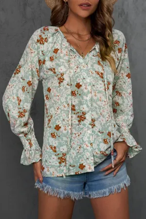 Green Floral Tie V Neck Long Sleeve Blouse