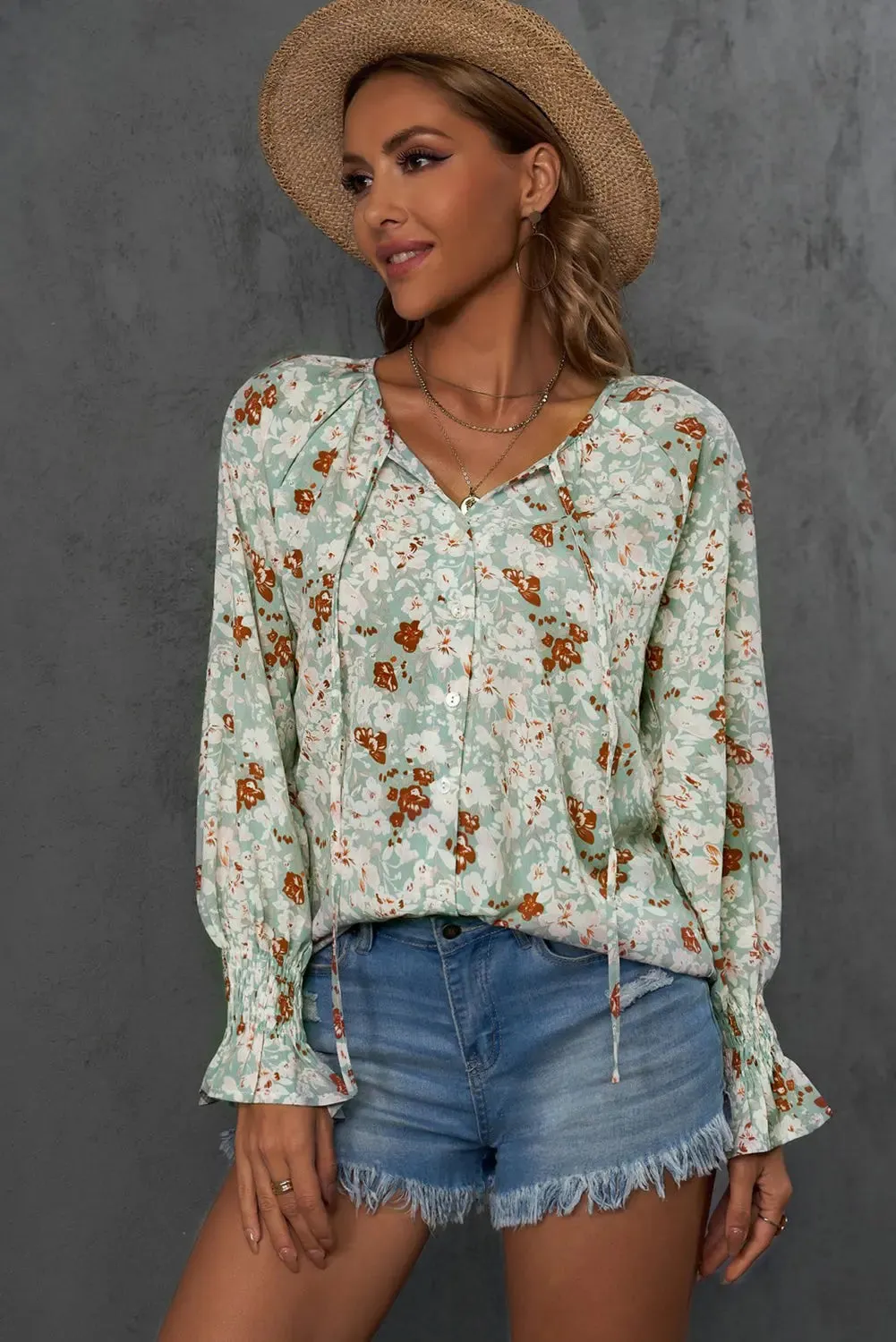 Green Floral Tie V Neck Long Sleeve Blouse