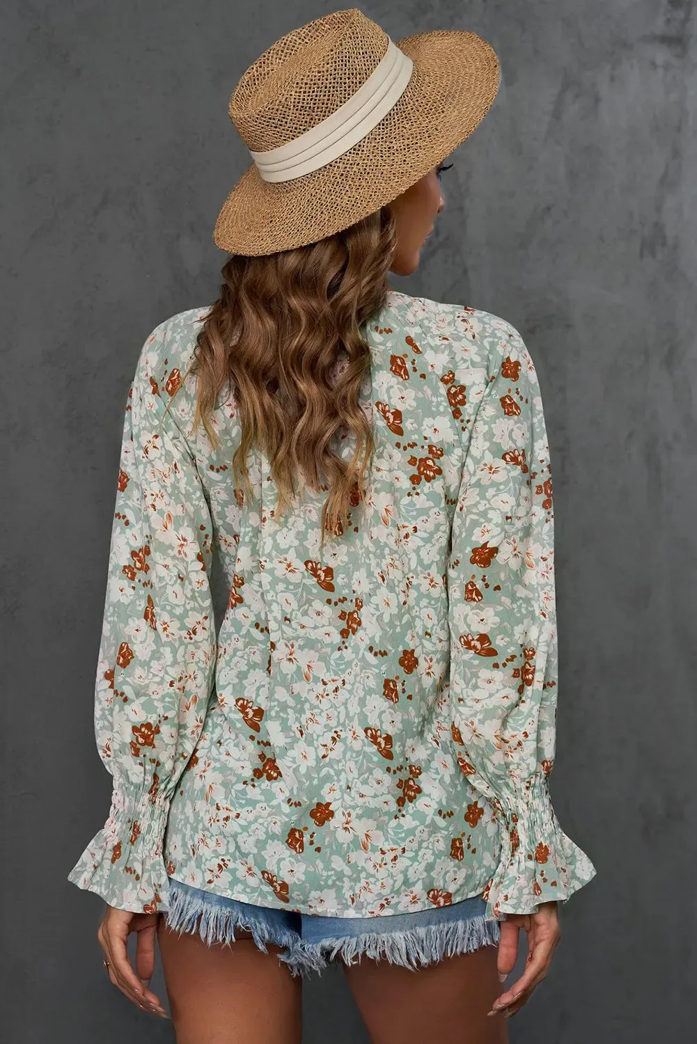 Green Floral Tie V Neck Long Sleeve Blouse