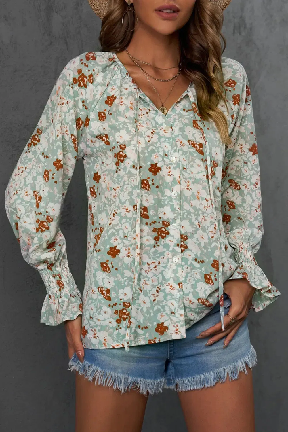 Green Floral Tie V Neck Long Sleeve Blouse