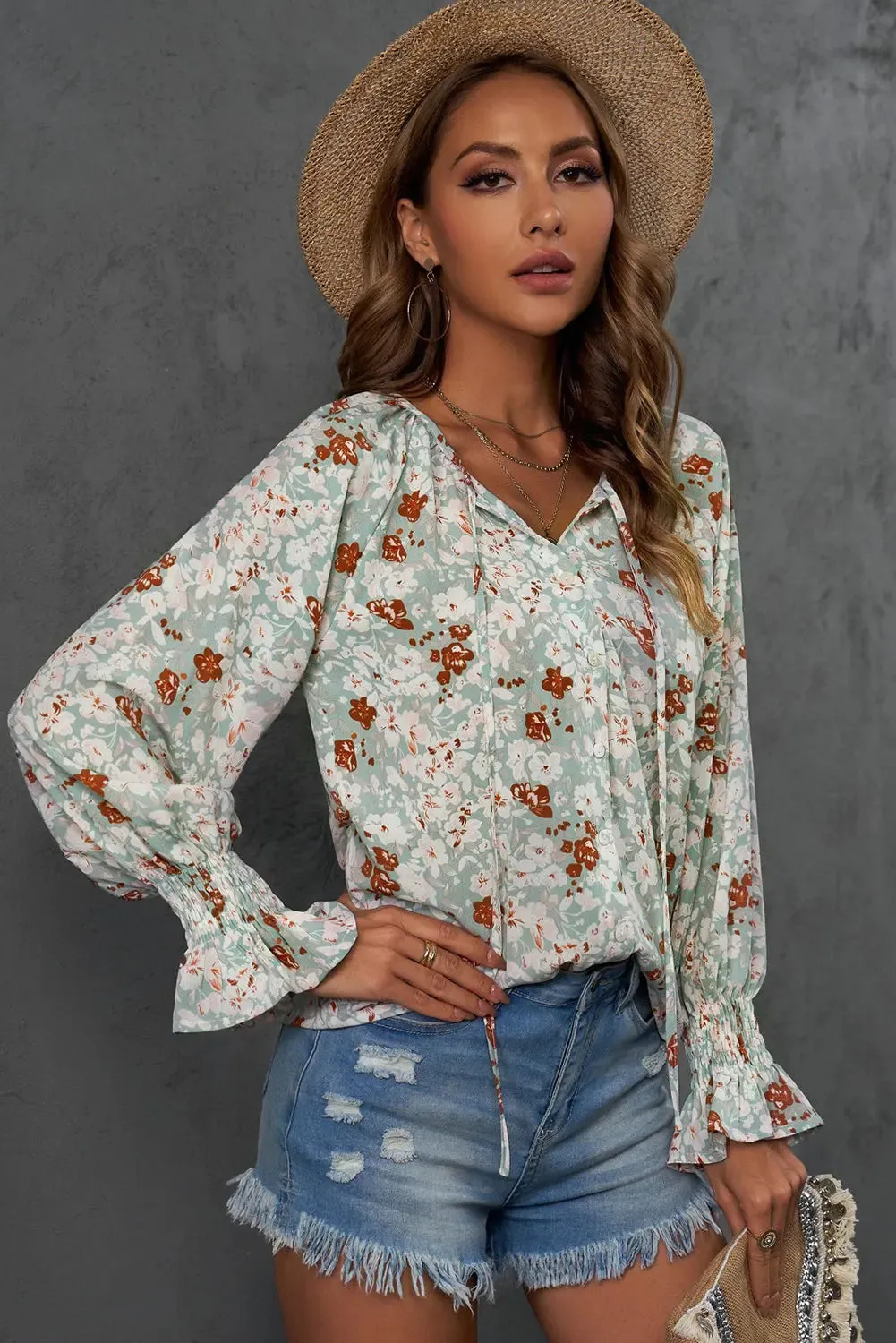 Green Floral Tie V Neck Long Sleeve Blouse