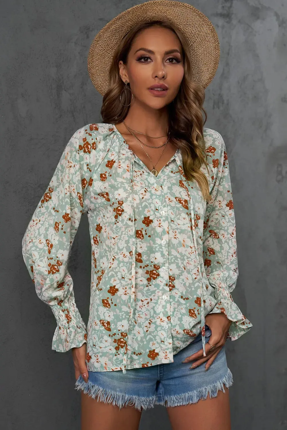 Green Floral Tie V Neck Long Sleeve Blouse