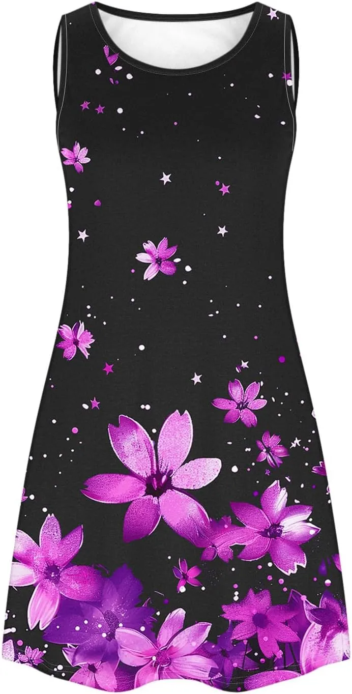 hlysgo Sundresses for Women 2025 Summer Sleeveless Beach Mini Dresses Trendy Floral Print Coverup Tank Dress with Pockets
