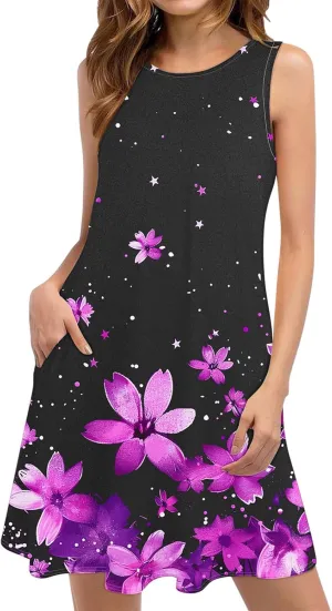 hlysgo Sundresses for Women 2025 Summer Sleeveless Beach Mini Dresses Trendy Floral Print Coverup Tank Dress with Pockets