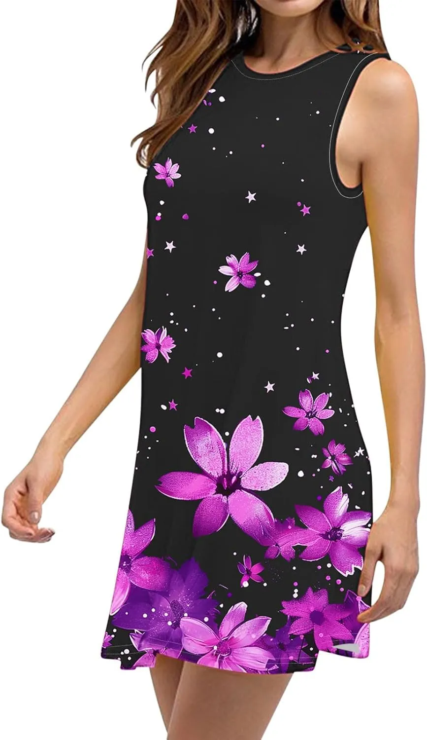 hlysgo Sundresses for Women 2025 Summer Sleeveless Beach Mini Dresses Trendy Floral Print Coverup Tank Dress with Pockets