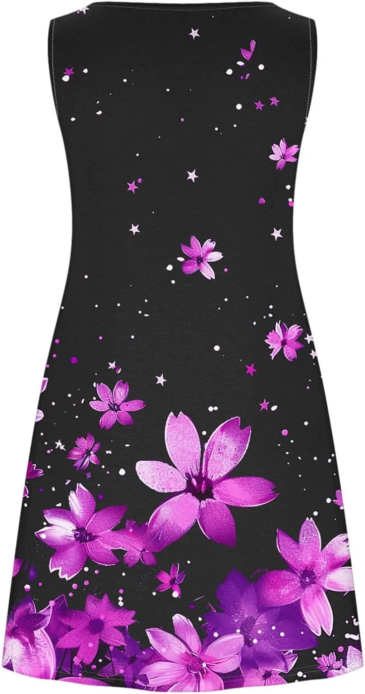 hlysgo Sundresses for Women 2025 Summer Sleeveless Beach Mini Dresses Trendy Floral Print Coverup Tank Dress with Pockets